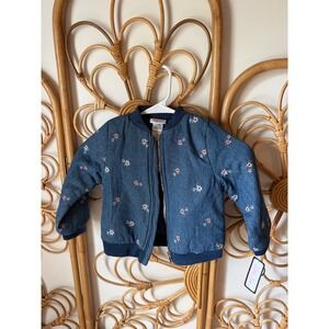 Little Lass Girls 4T Blue Floral Denim Look Bomber Jacket Full Zip Padded NWT